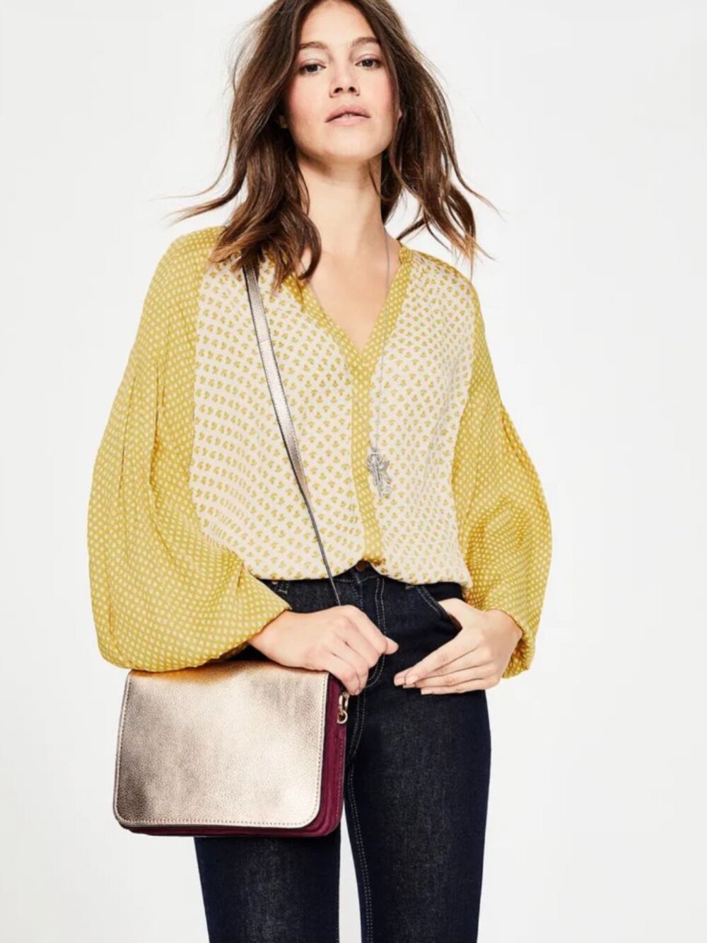 Boden Yellow Printed Long Blouson Sleeve V-Neck Harriet Blouse